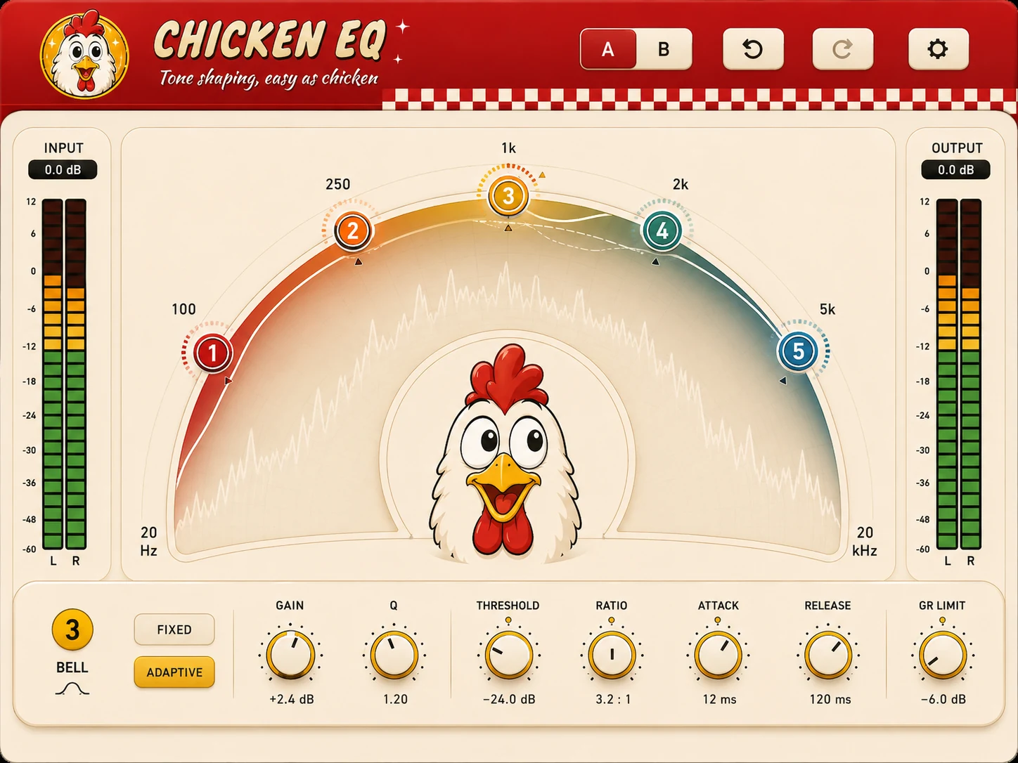 The actual Chicken EQ plug-in interface with its radial spectrum, Tenderizer, six shaping bands and Pop Top finishing controls