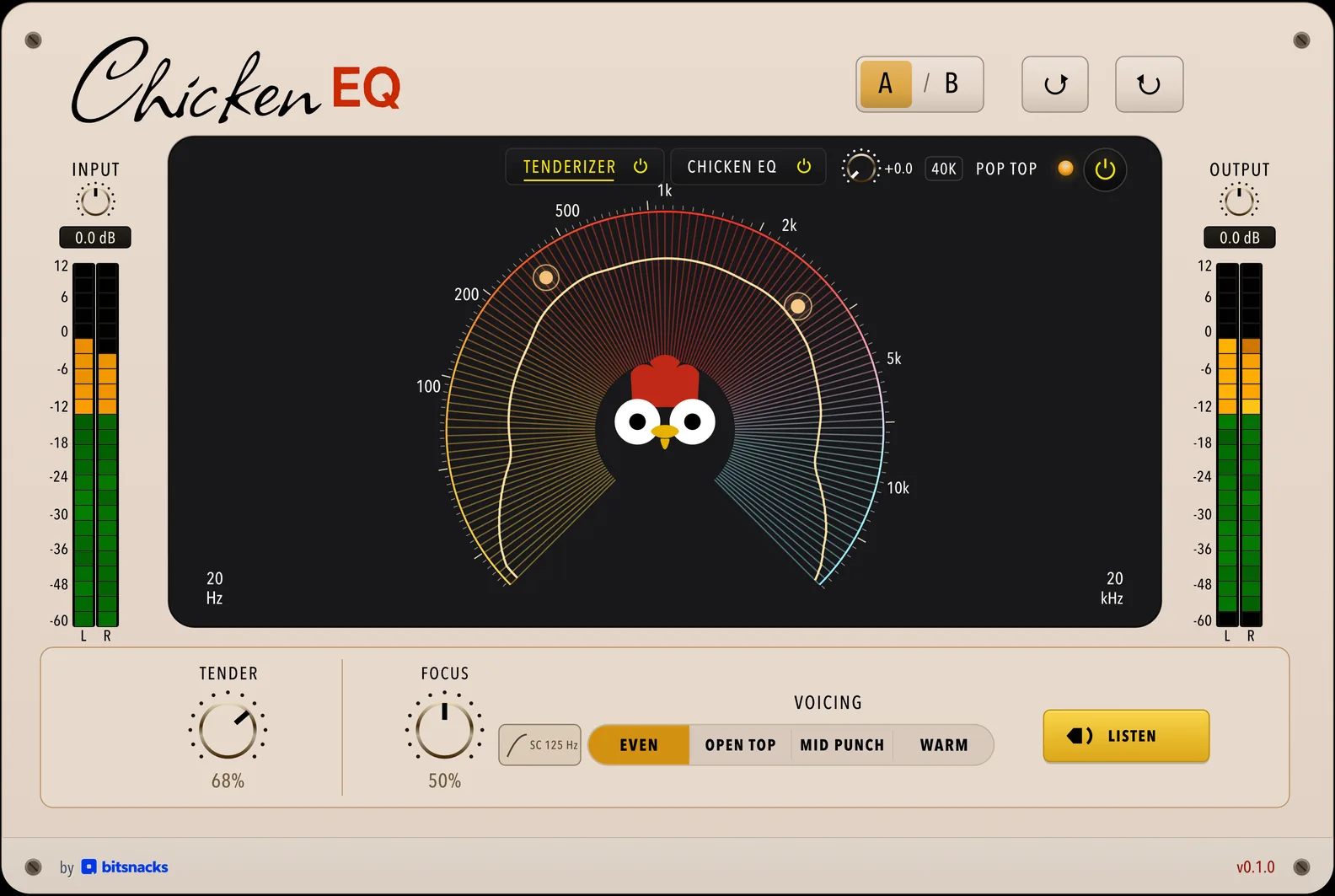 Chicken EQ showing the Tenderizer stage, with its quills pressed in across the fan and a Tender and Focus control shelf